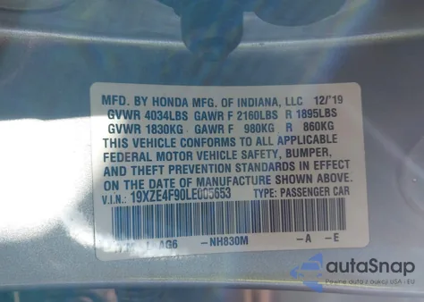2020 Honda Insight Touring z USA, uszkodzony, nr VIN 19XZE4F90LE005653